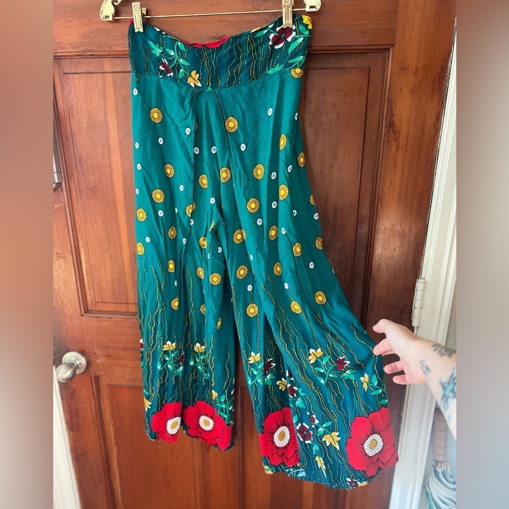 Boho Floral Wide Leg Pants Green | Elastic Waist Palazzo Beach Festival Size M - Picture 2 of 10